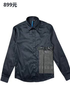 专柜正品原899元男士纯棉长袖衬衫时尚黑色 修身透气青年尖领都市