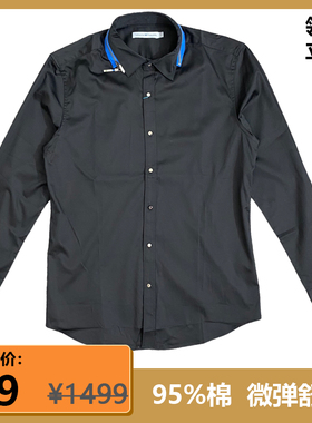 一线正品专柜1499元 男士时尚长袖衬衫纯棉透气微弹 黑色尖领修身