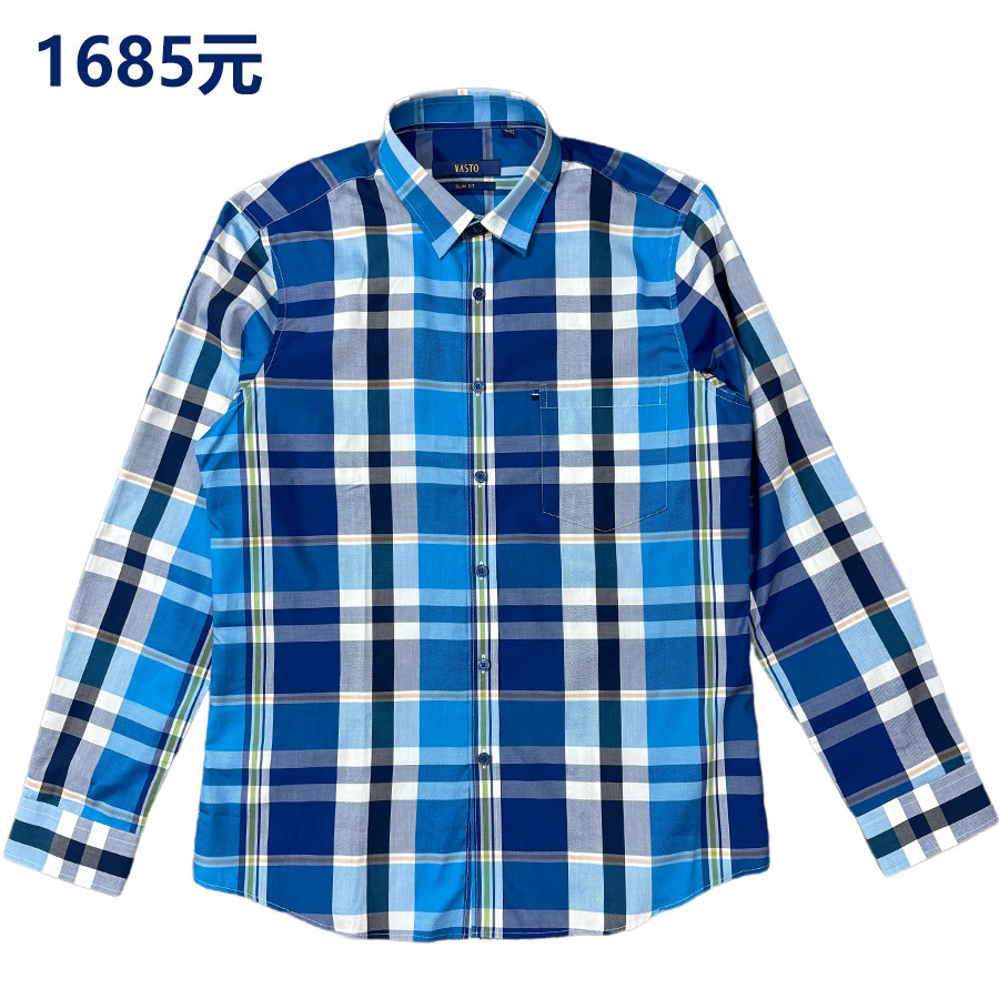 一线品牌正品1685元男时尚格子纯棉长袖休闲衬衫都市青年修身透气