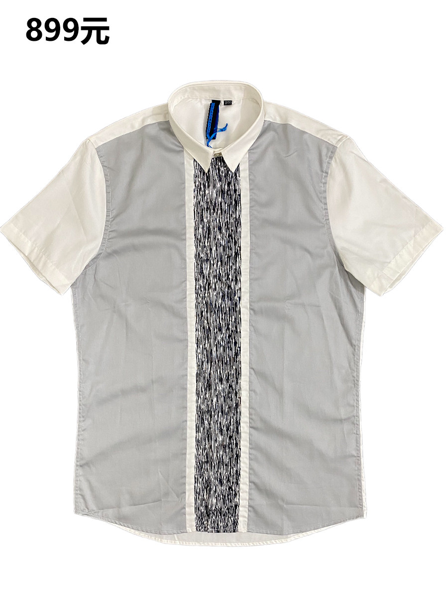 专柜撤柜正899元男士时尚短袖衬衫纯棉透气 休闲流行尖领拼接修身
