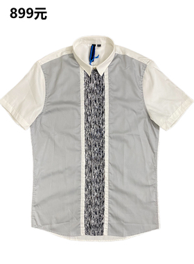 专柜撤柜正899元男士时尚短袖衬衫纯棉透气 休闲流行尖领拼接修身
