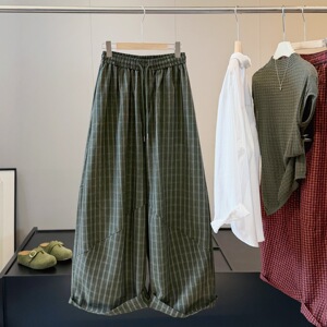 复古格子棉麻弯刀阔腿裤女秋季新款宽松显瘦松弛感休闲长裤气球裤