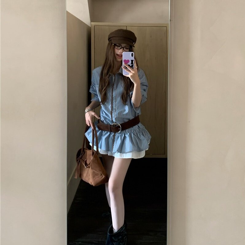 撞色条纹衬衫女装秋季宽松百搭别致蓝色长袖上衣chic衬衣时尚百搭