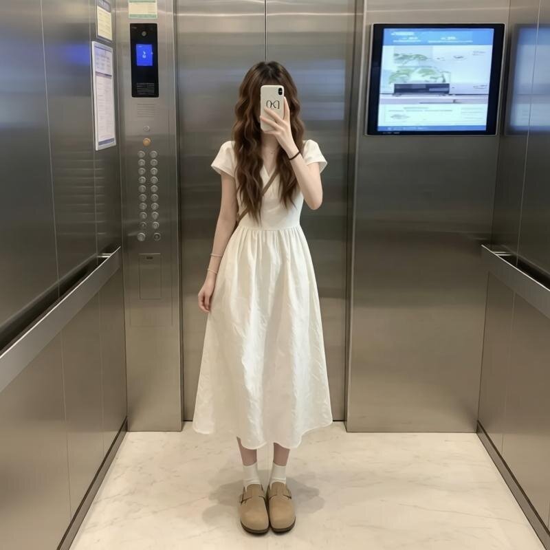 温柔风白色短袖连衣裙女2026夏季新款法式长裙子巨好看气质小个子