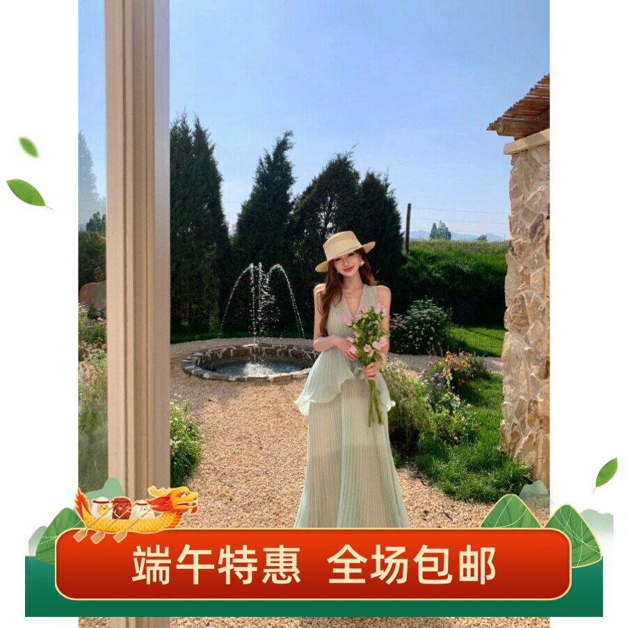 宅女家度假风纯色气质chic挂脖连衣裙女夏季别致显瘦A字裙长裙