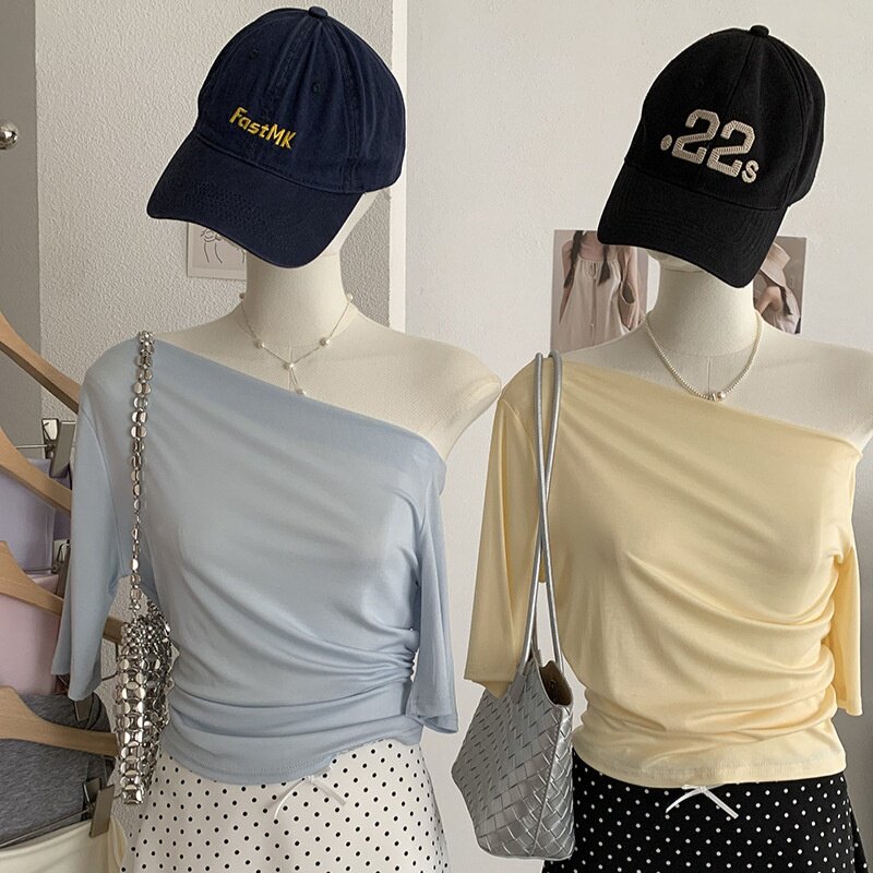 KEKEZOON 斜领露肩纯色莱赛尔中袖修身显瘦套头T恤女柔软舒适8227