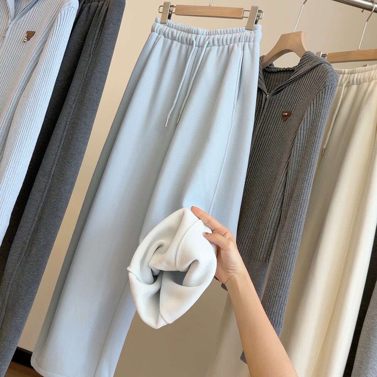 加绒加厚保暖阔腿卫裤女冬款高腰显瘦软糯垂感直筒休闲运动弯刀裤