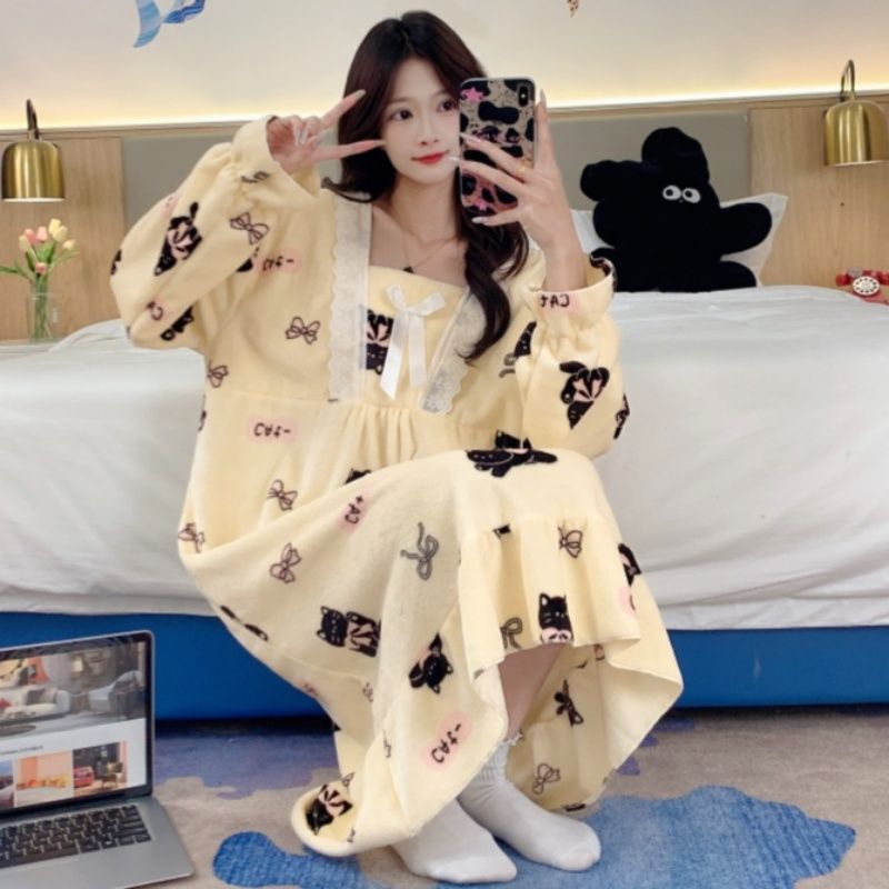 加绒新款珊瑚绒睡衣2025冬季超柔软法兰绒长款睡裙女士保暖家居服