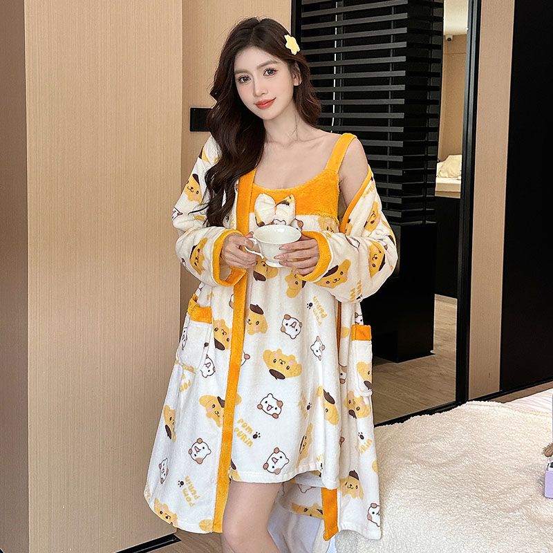 女士2025新款睡袍家居服冬装袍子披肩睡衣浴袍珊瑚绒毛绒吊带睡裙