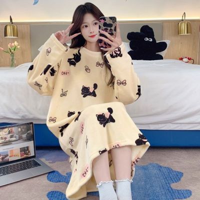 睡衣女款2025新款冬高级感可外穿长袖珊瑚绒长款加薄绒法兰绒睡裙