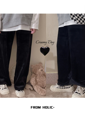 休闲直筒学生ins黑色绒裤宽松垂坠米色雪尼尔2024年新款秋冬松紧