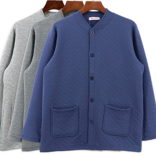 男开身保暖上衣中老年人纯棉三层对襟棉毛衫加肥加大码开衫家居服