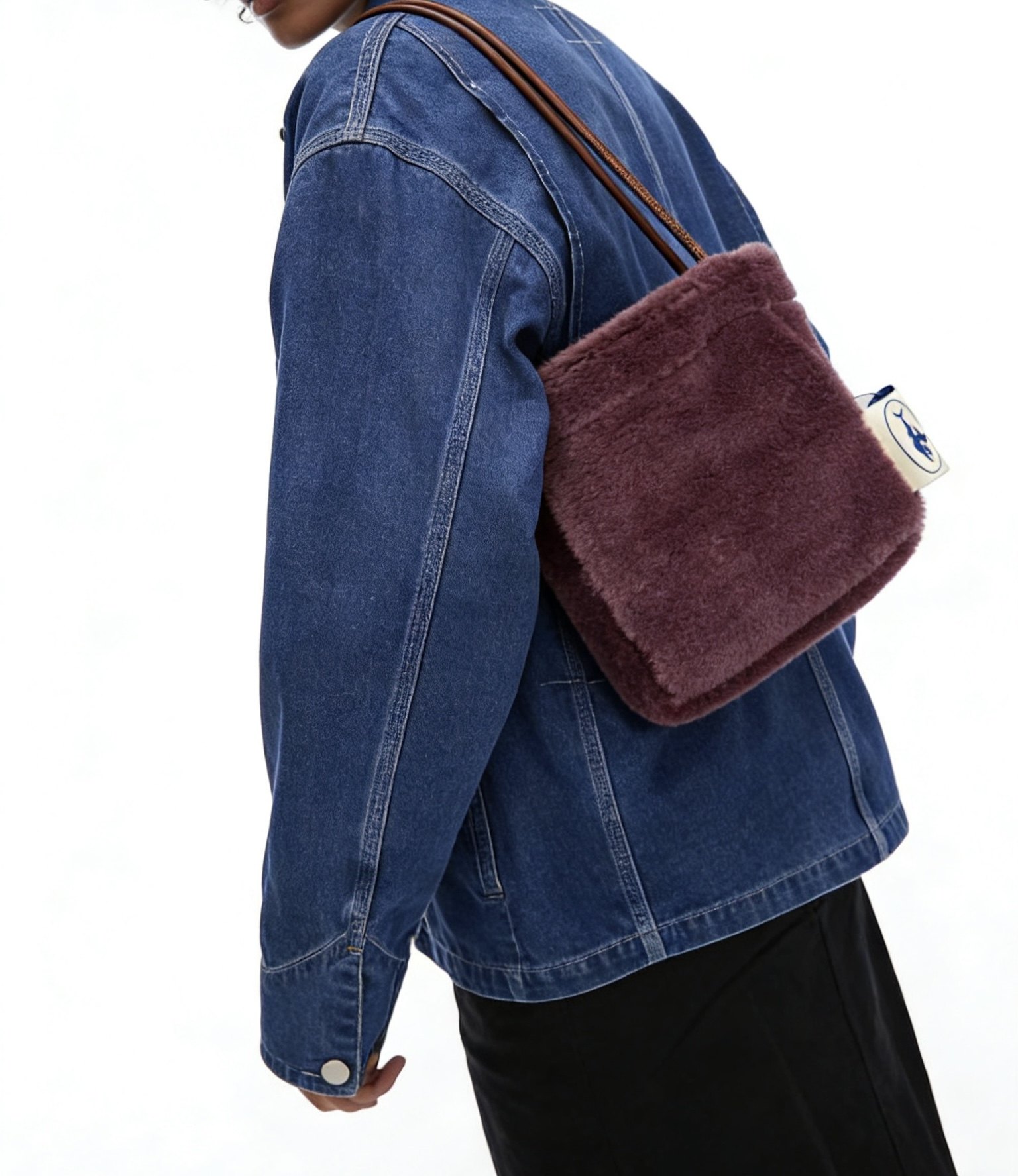 复古豆沙紫毛绒腋下包 皮质肩带环保皮草