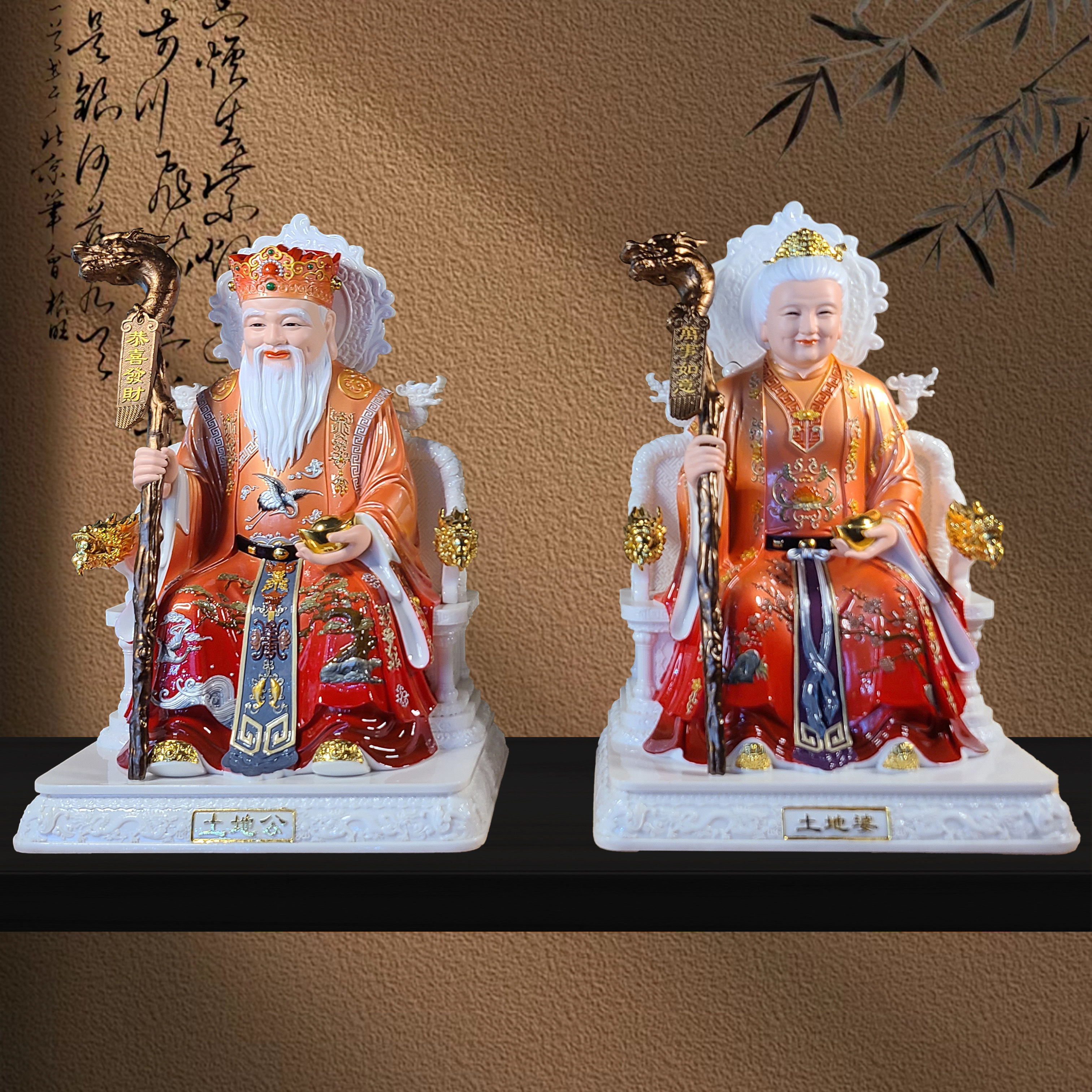 新款土地公婆神像土地公土地婆家用福德正神供奉摆件精品玉瓷像