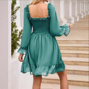 dress style 胸前打揽褶皱迷你连衣裙A字裙 vacation Bohemian