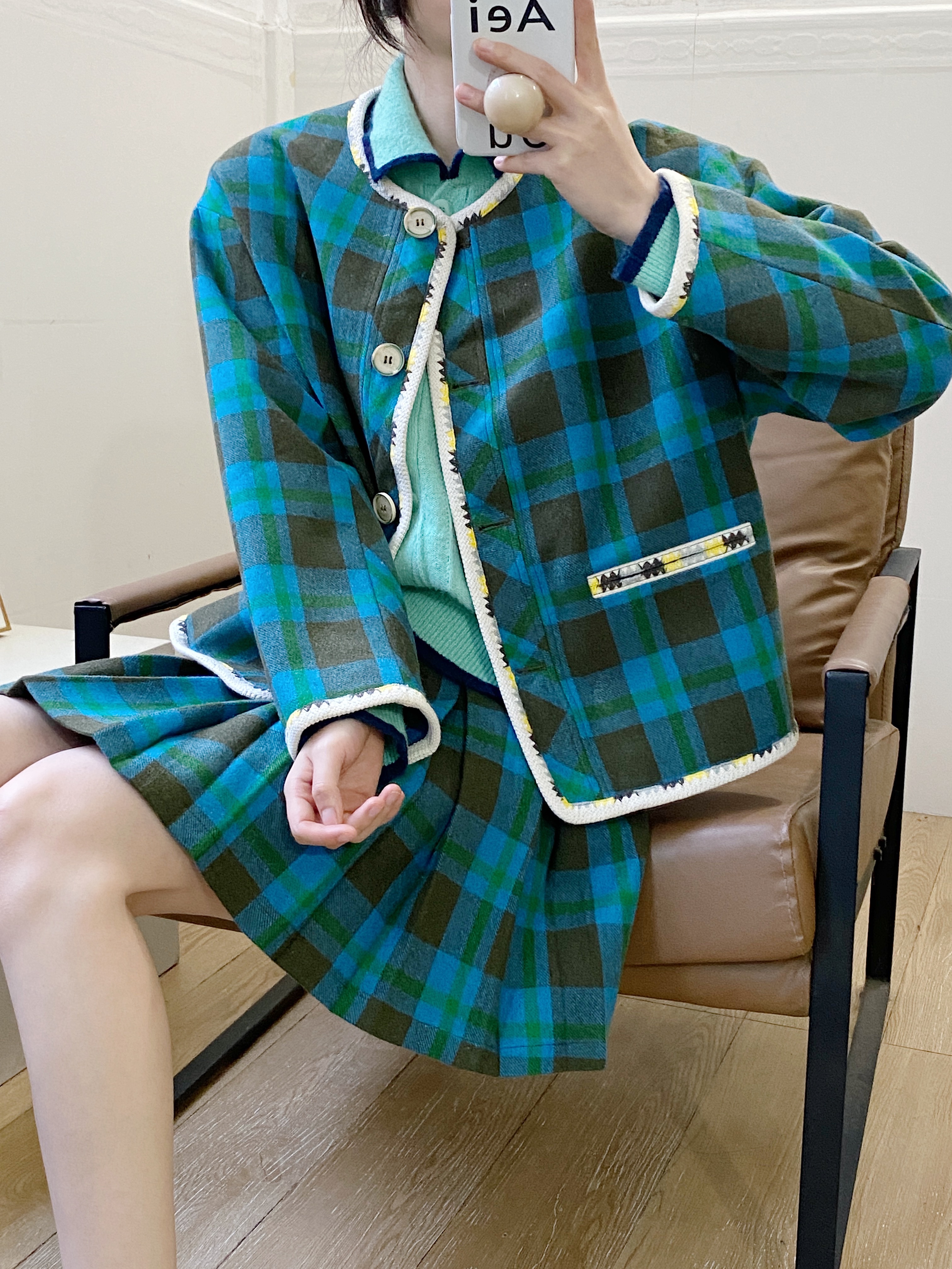 复古格纹小香风外套半裙套装