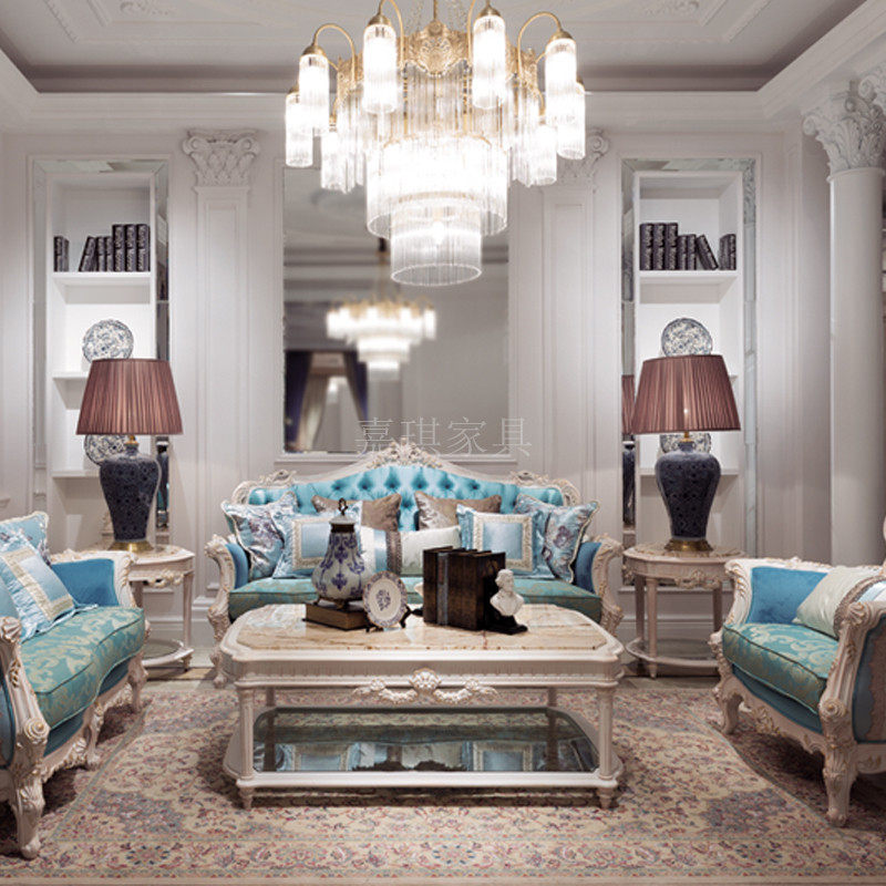 欧式实木沙发123高端复古做旧布艺法式宫廷奢华手雕茶几客厅家具