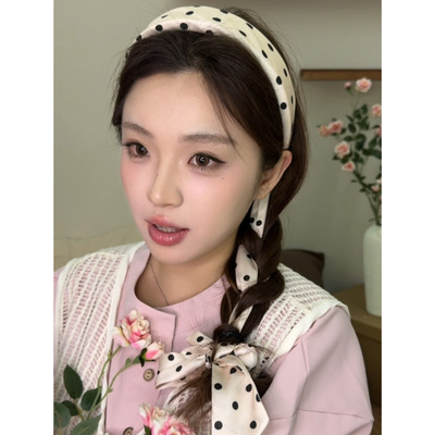 复古波点编发飘带女生夏季新款绑发丝巾头箍一体编发丝带发卡头饰