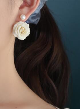玫瑰花耳饰耳环原创两戴珍珠花朵耳饰s925银软陶原创设计手工独家