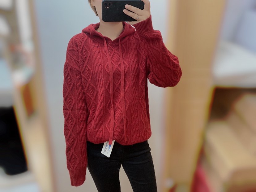 现货 LEM家韩国订单女秋冬新款新年红麻花宽松连帽羊毛针织毛衣