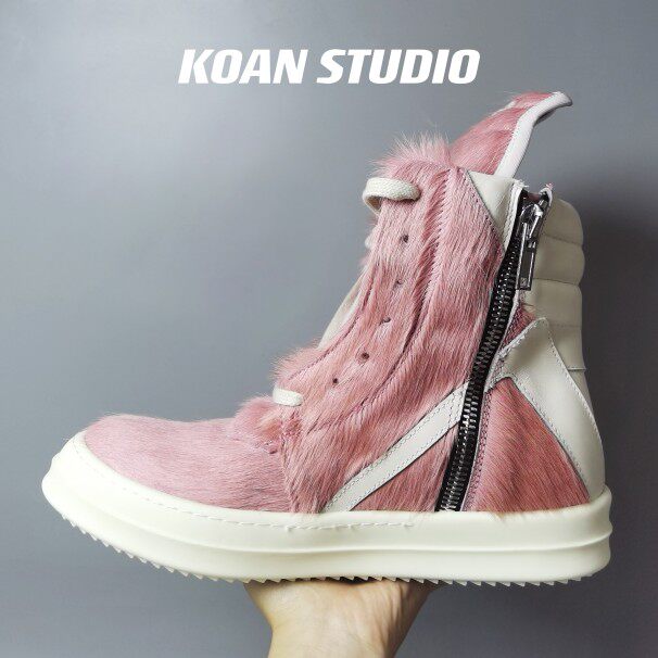 KOAN自制新粉色马毛倒三角RO前粉后白情侣高帮TPU大底硬底鞋厚底