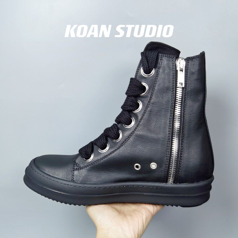 KOAN自制 全黑水蜡高帮粗鞋带DK情侣厚底鞋RO硬底休闲布鞋