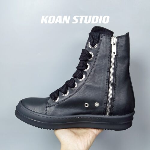 KOAN自制 全黑水蜡高帮粗鞋带DK情侣厚底鞋RO硬底休闲布鞋