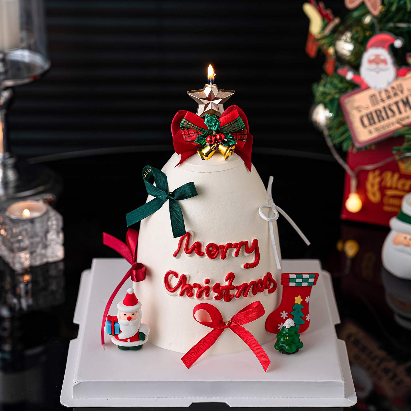 2026圣诞节简约蛋糕装饰蝴蝶结铃铛摆件圣诞老人五角星蜡烛插件