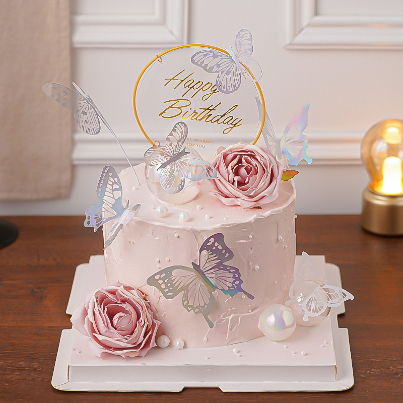 仙女生日玫瑰蛋糕装饰唯美幻彩蝴蝶插件网红ins女神生日快乐插牌