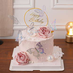 饰唯美幻彩蝴蝶插件网红ins女神生日快乐插牌 仙女生日玫瑰蛋糕装