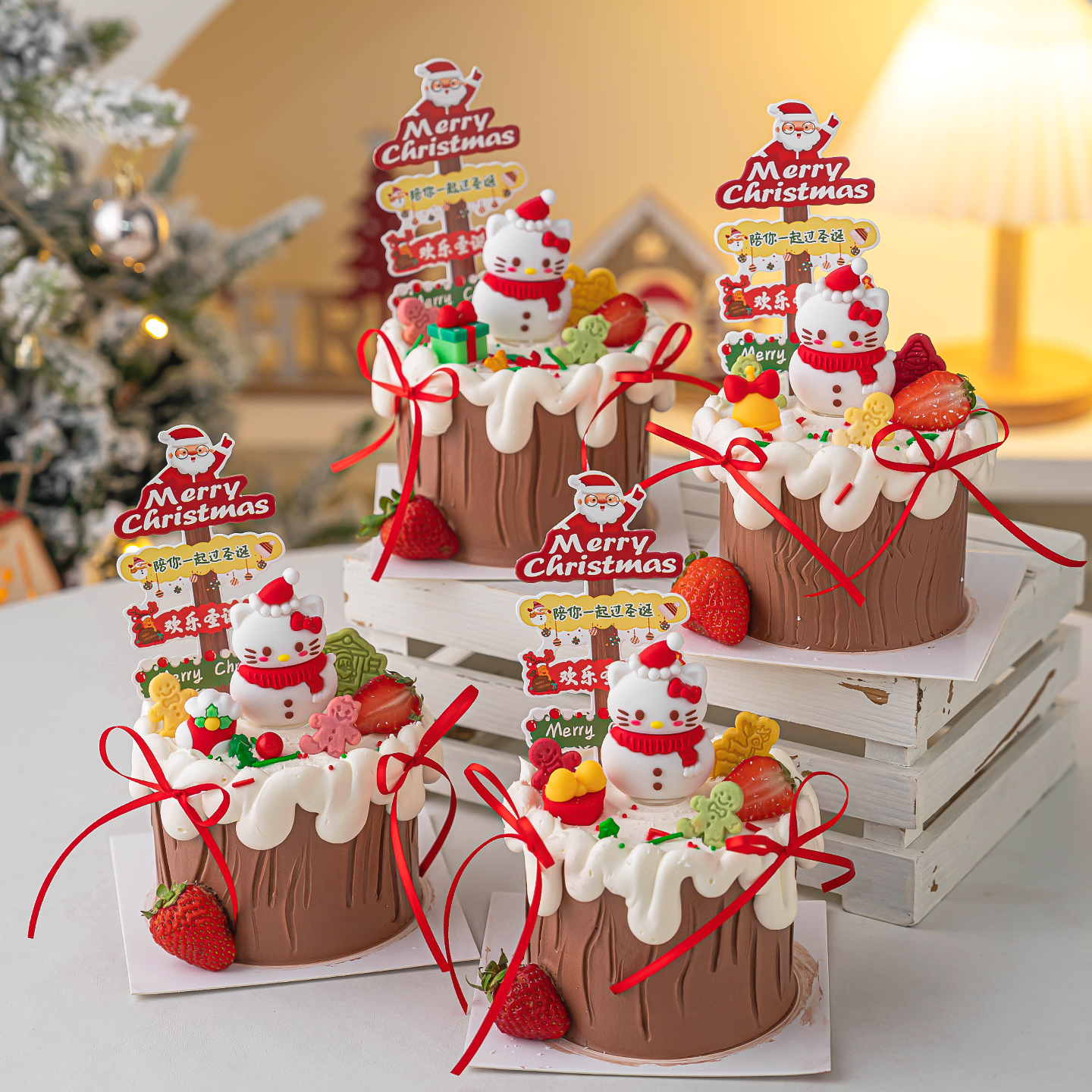 陪你一起过圣诞路牌蛋糕装饰2026圣诞节快乐卡通围巾小猫装扮摆件