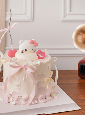 2.14情人节粉色小猫蛋糕装饰摆件蝴蝶结丝带爱心love饼干烘焙插件