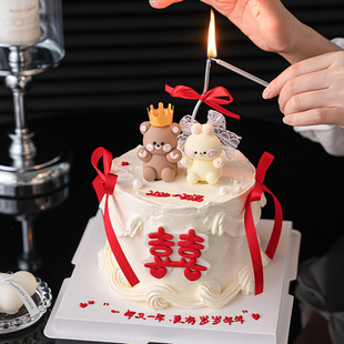 饰2.14情人节婚礼订婚派对双喜插件 卡通爱心小熊小兔情侣蛋糕装