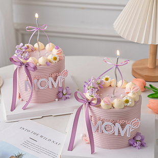 饰我爱妈妈郁金香MOM亚克力插件丝带蝴蝶结 2026母亲节唯美蛋糕装