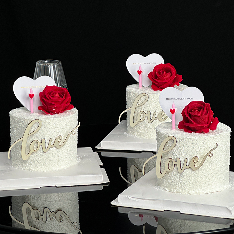 木质love七夕情人节唯美告白蛋糕装饰仿真玫瑰花爱心卡片节日装扮