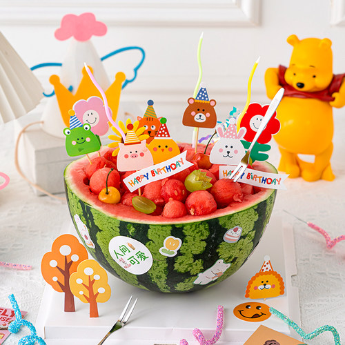 夏日水果西瓜装扮饭团小动物插牌