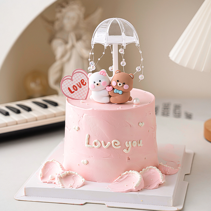 浪漫情侣纪念日为爱撑伞蛋糕装饰七夕情人节立体连体小熊love插件