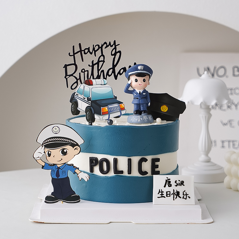 警察生日蛋糕装饰插件配件警车交警插牌卡通英雄公仔烘焙装扮摆件