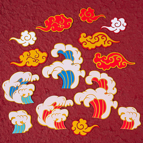 红金浪花海浪中国风祝寿蛋糕插牌祥云云朵老人生日甜品台烘焙插件