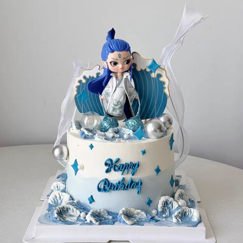 网红哪吒敖丙蛋糕装饰摆件魔童三太子海浪儿童男孩生日装扮插件