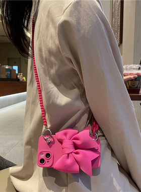 夏日玫红火龙果色超大蝴蝶结适用苹果17promax手机壳iPhone16Pro斜挎链条两用15plus小众14软胶13全包12防摔