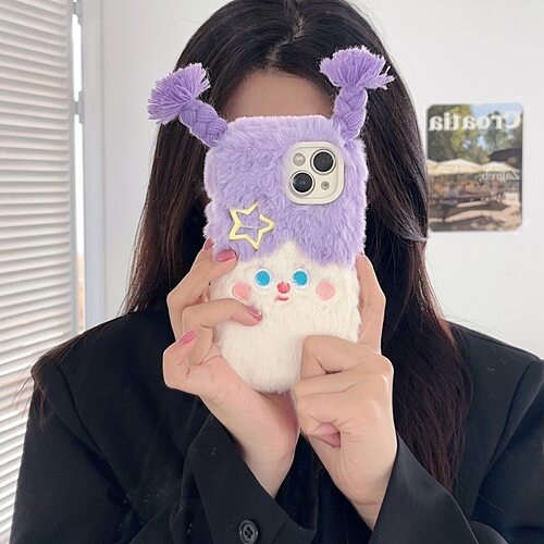 可爱卡通编织辫子女孩毛绒硅胶壳