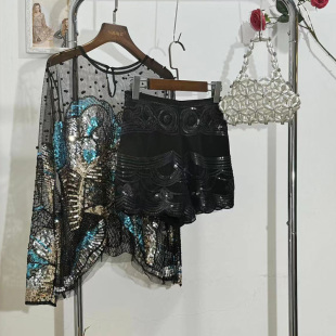 短裤 clothes 上衣重工亮片钉珠衫 透视装 亚克力串珠 women欧美长袖