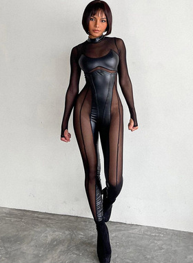 过渡性感ZONE透视网纱拼接长袖连体裤欧美风街头机车秋冬打底长裤