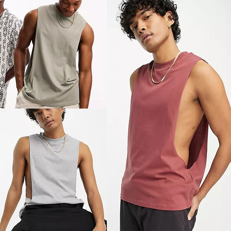 Men's vest 欧美男装个性运动痞帅宽松骚气大开口纯色背心男上衣