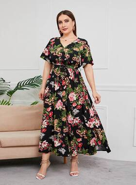 women floral print plus size dresses 气质大码显瘦系带连衣裙