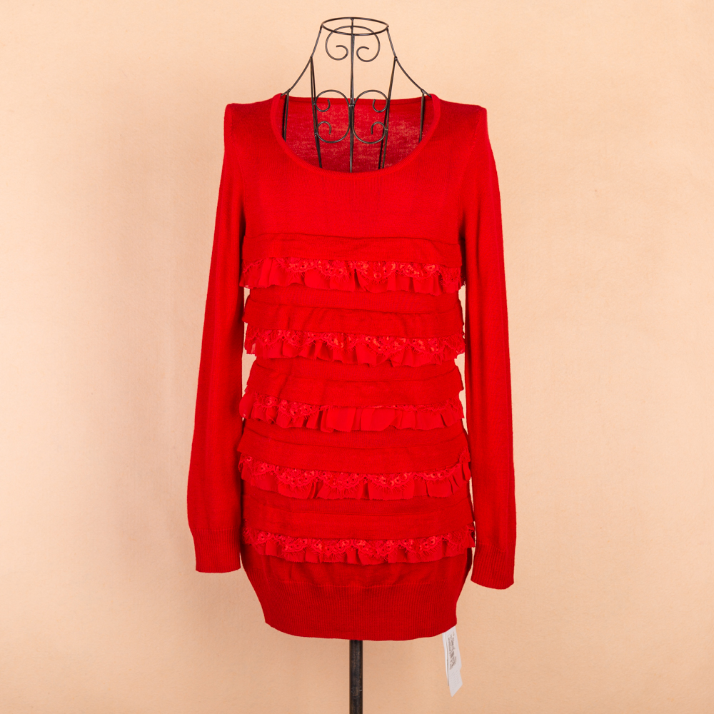 冬季布同修身型淑女长袖蕾丝拼接桔色套头低圆领通勤中长款羊毛衫