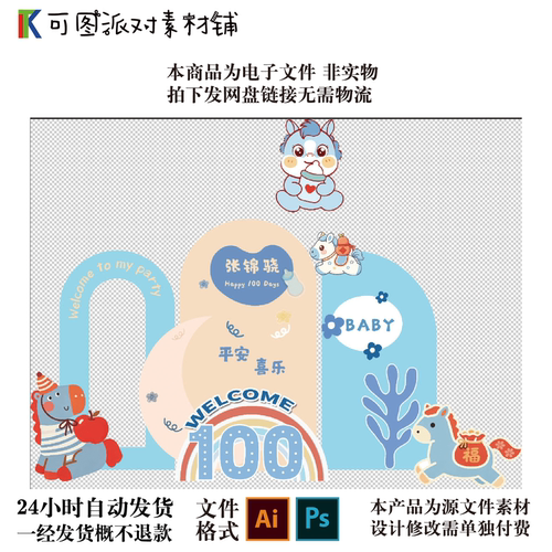 卡通马宝宝百日宴背景设计素材PSD+AI源文件自动发货