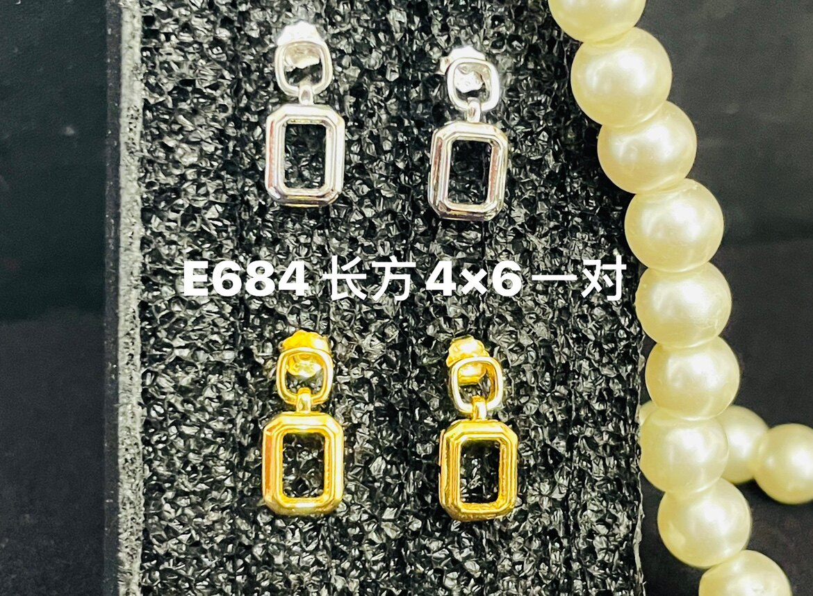 DIY配件S925纯银锆钻款耳钉空托长方4*6MM宝石裸石戒面半成品镶嵌