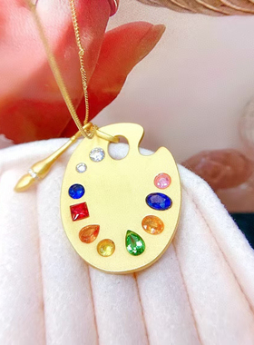 925银镀白金黄金镶嵌空托调色盘项坠不规则定制宝石碧玺托帕裸DIY